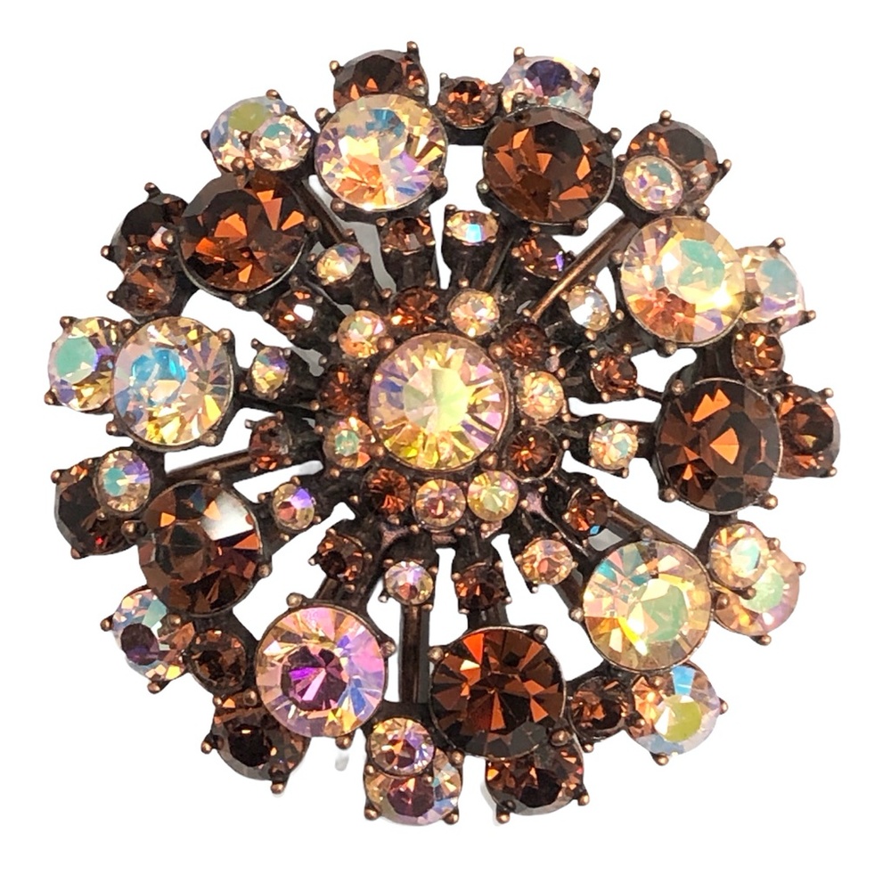 VINTAGE JOAN RIVERS AMBER & AURORA BOREALIS PINK DOME CRYSTAL BROOCH